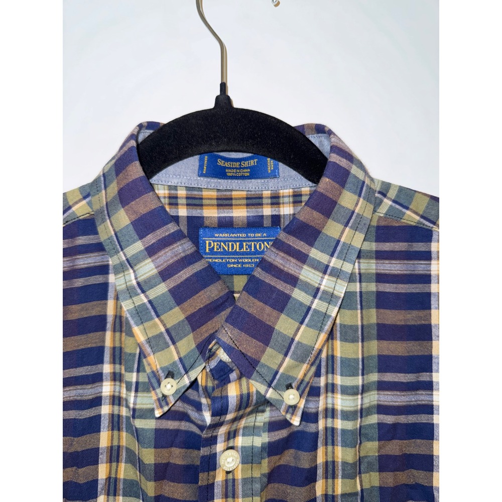 Pendleton Seaside Shirt Mens Large Blue Green Plaid Cotton SS Button Down